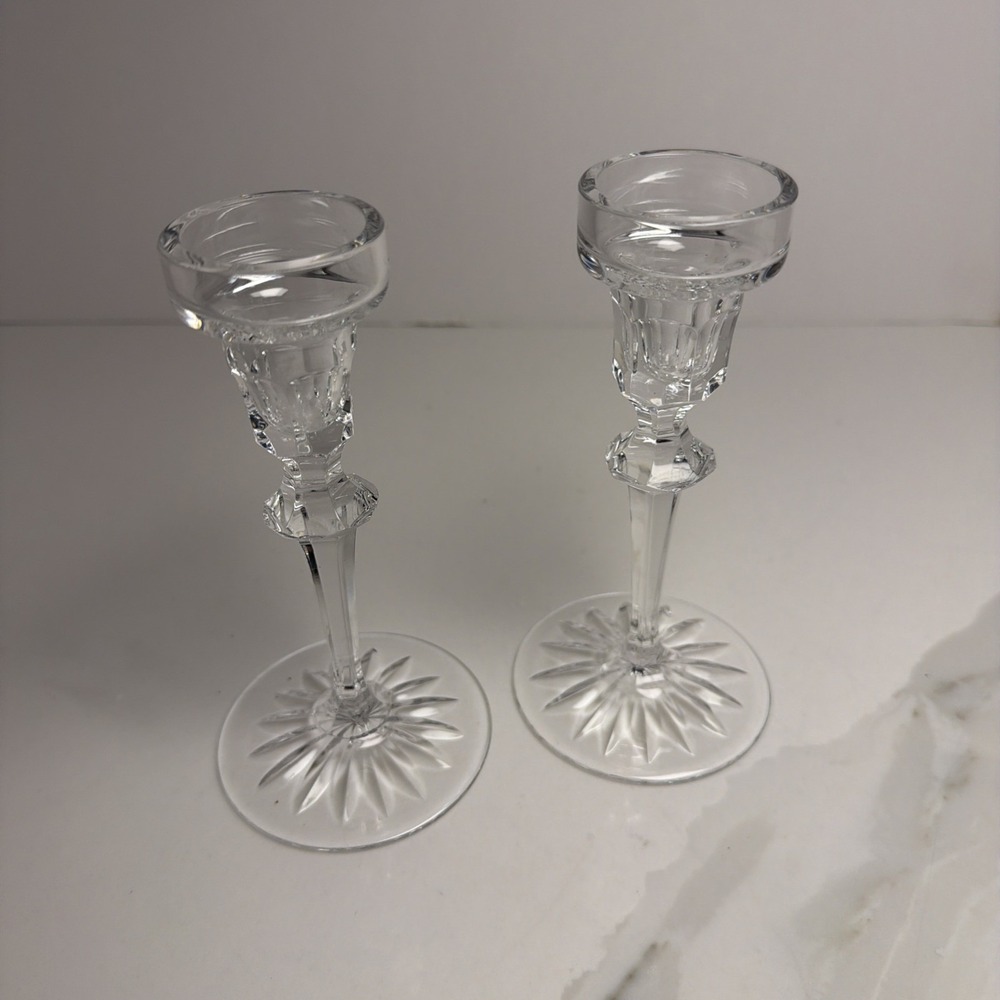 Pair Vintage Clear Crystal Glass Candlestick Holders Starburst Base 5.5" Elegant